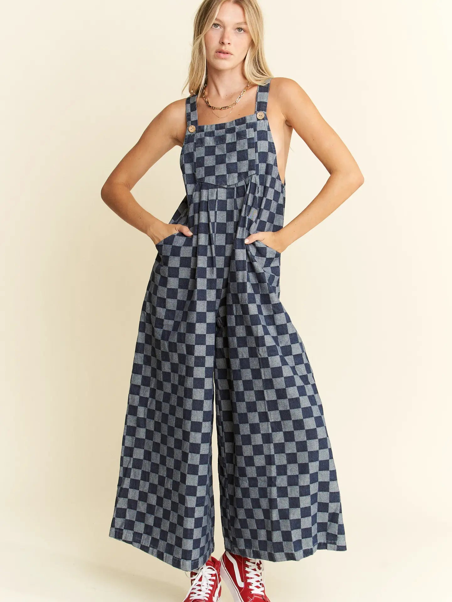 Alex Denim Checkered Wide leg Overalls