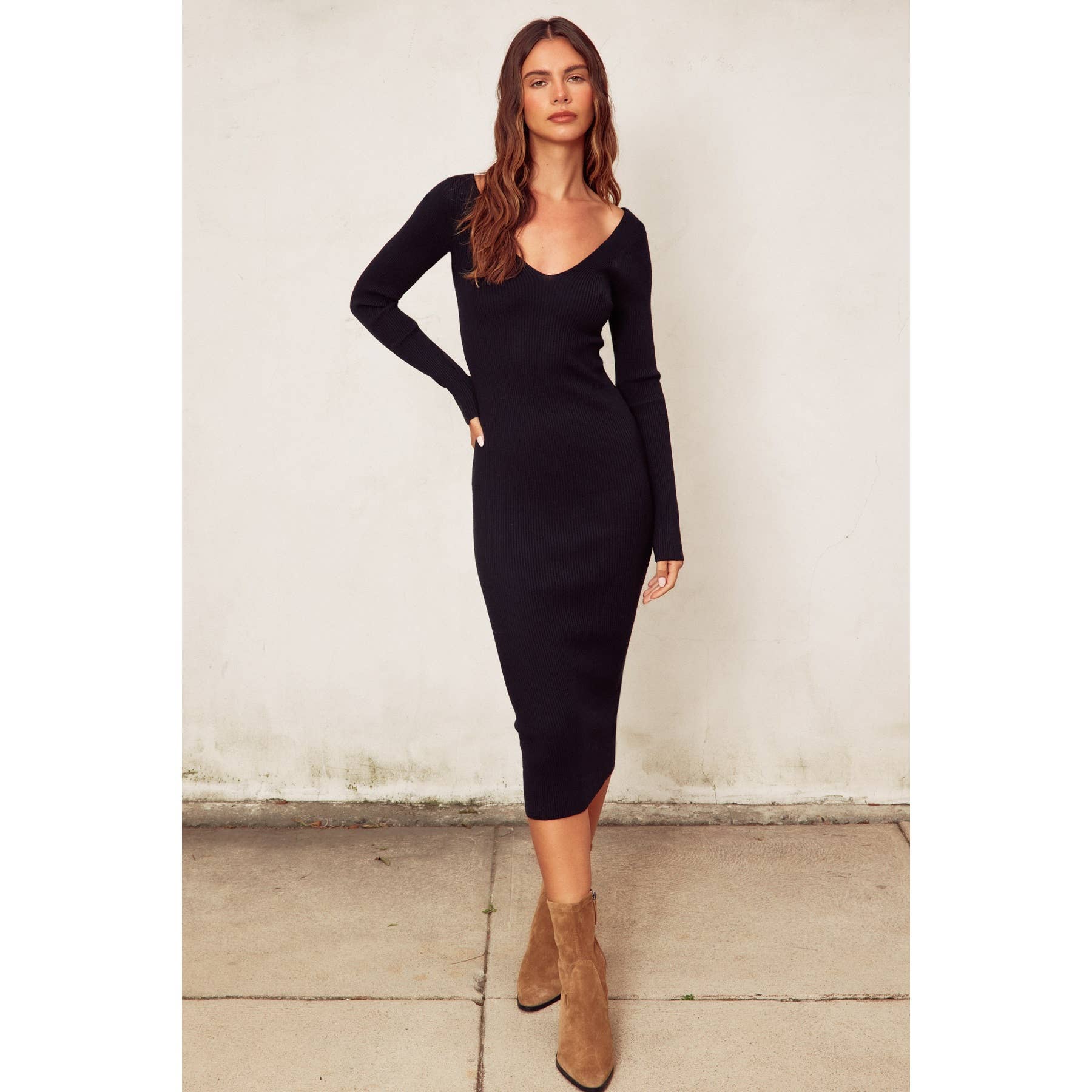 V Neck Slit Midi Sweater Dress