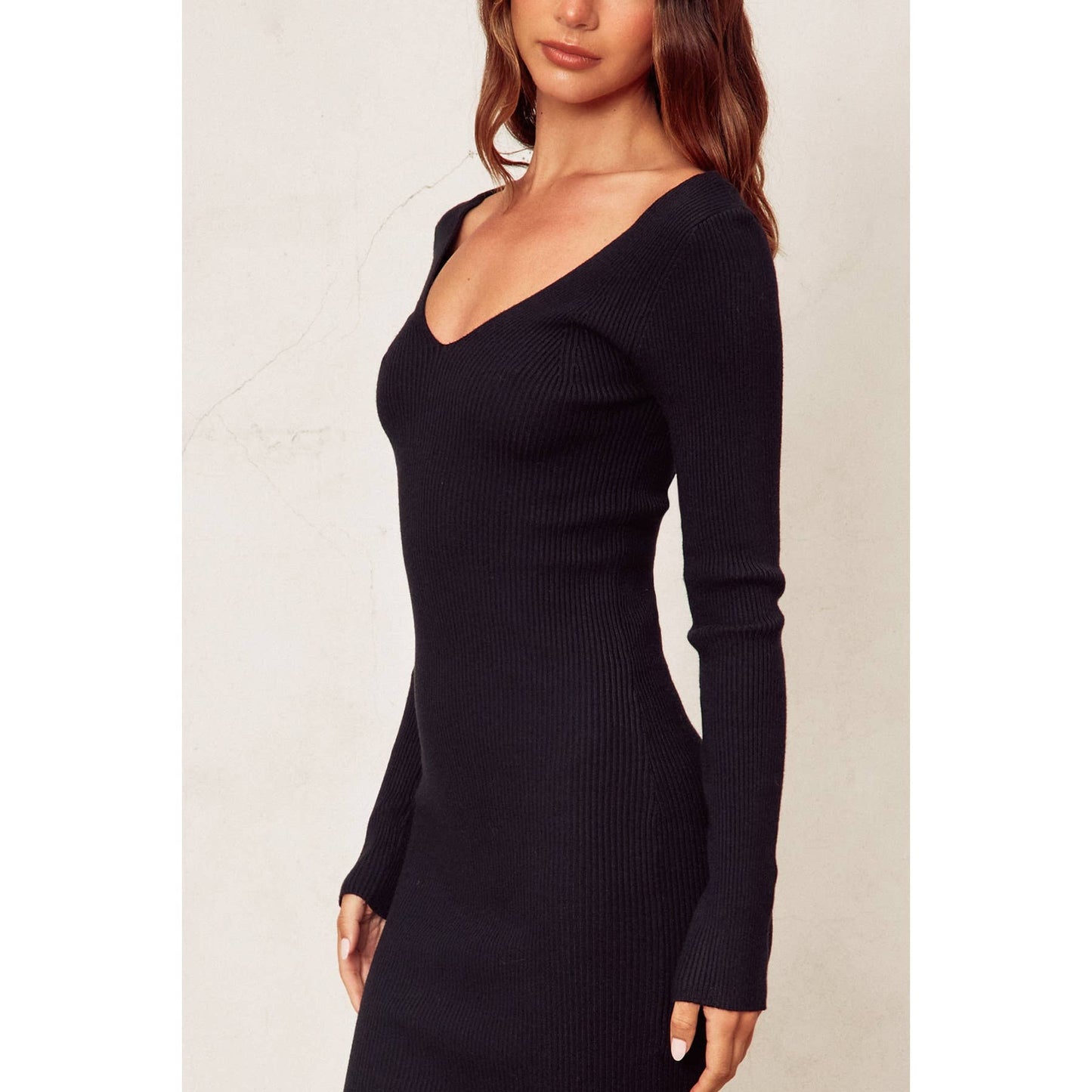 V Neck Slit Midi Sweater Dress