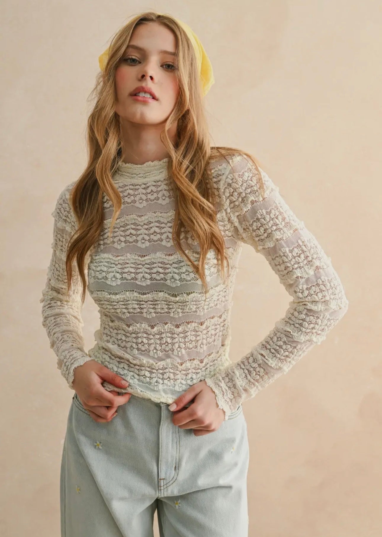 Lace Textured Long Sleeve Blouse