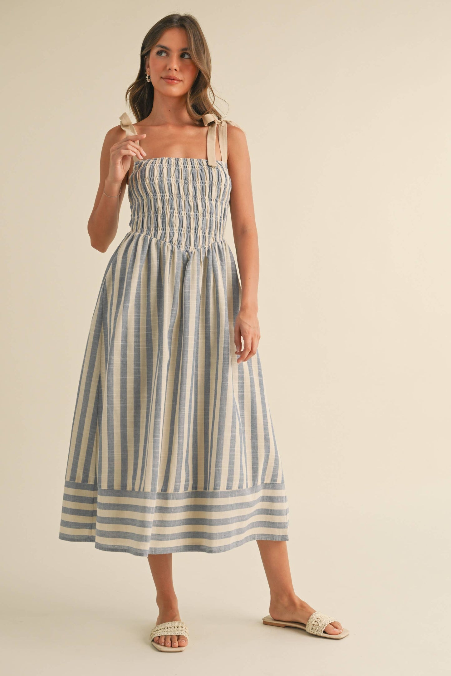 The Monica Striped Smocked Tie Strap Midi