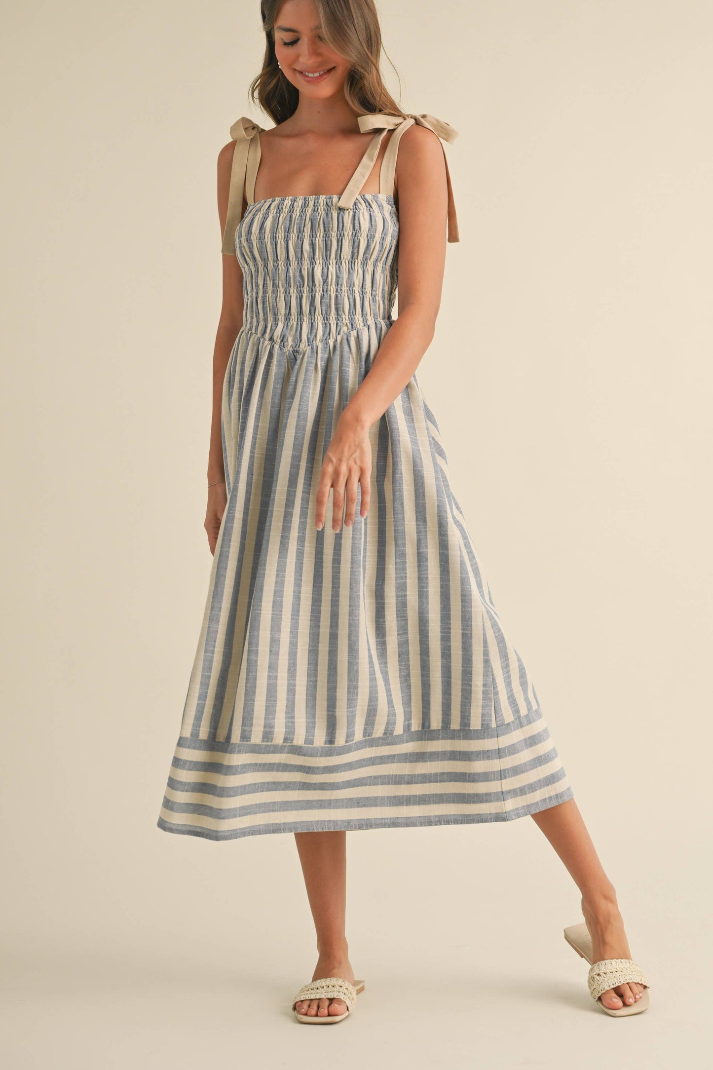 The Monica Striped Smocked Tie Strap Midi