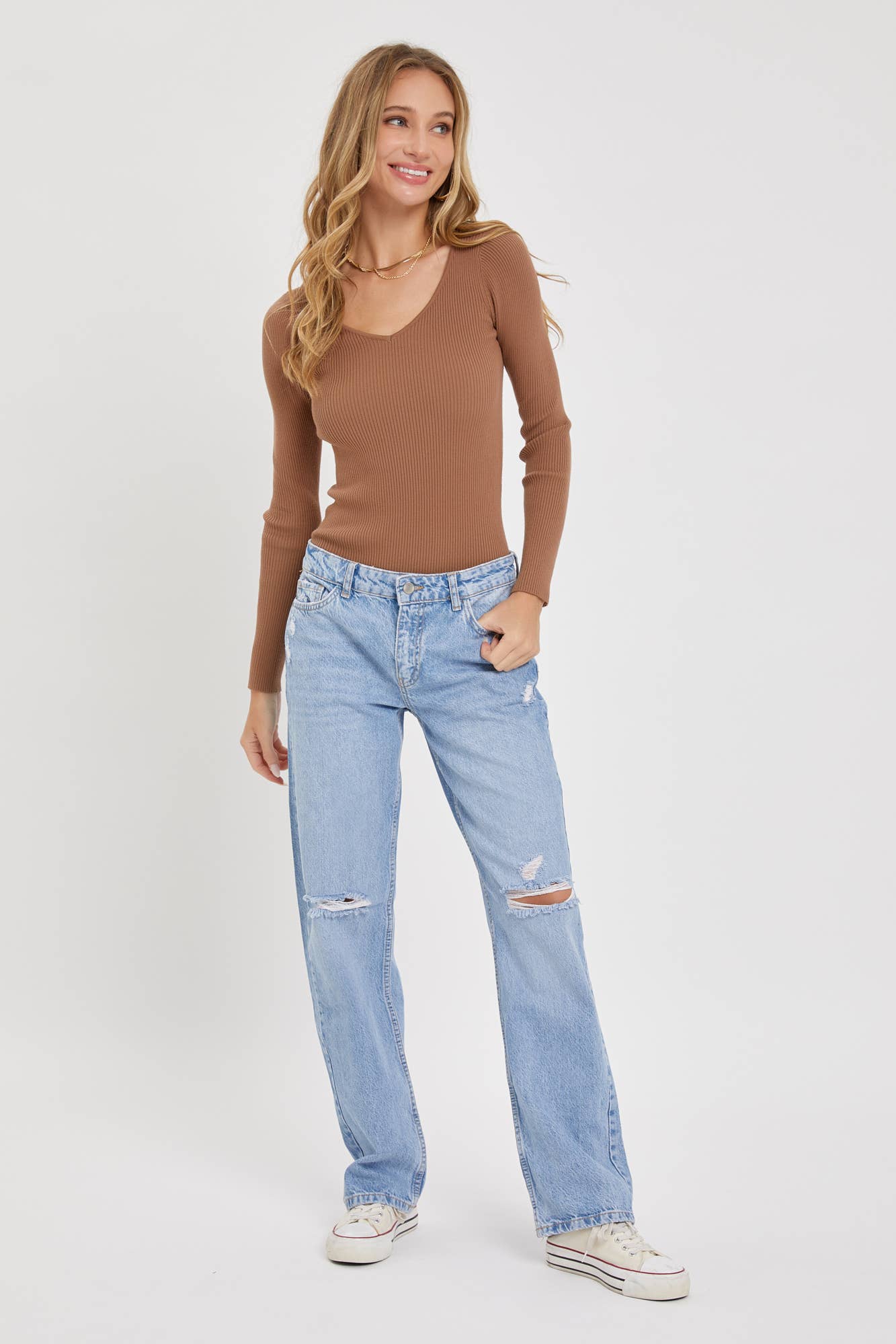 Elouise Ribbed V- Neckline Bodysuit