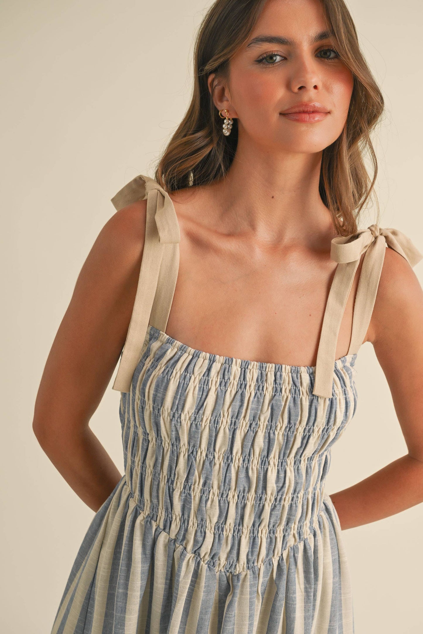 The Monica Striped Smocked Tie Strap Midi