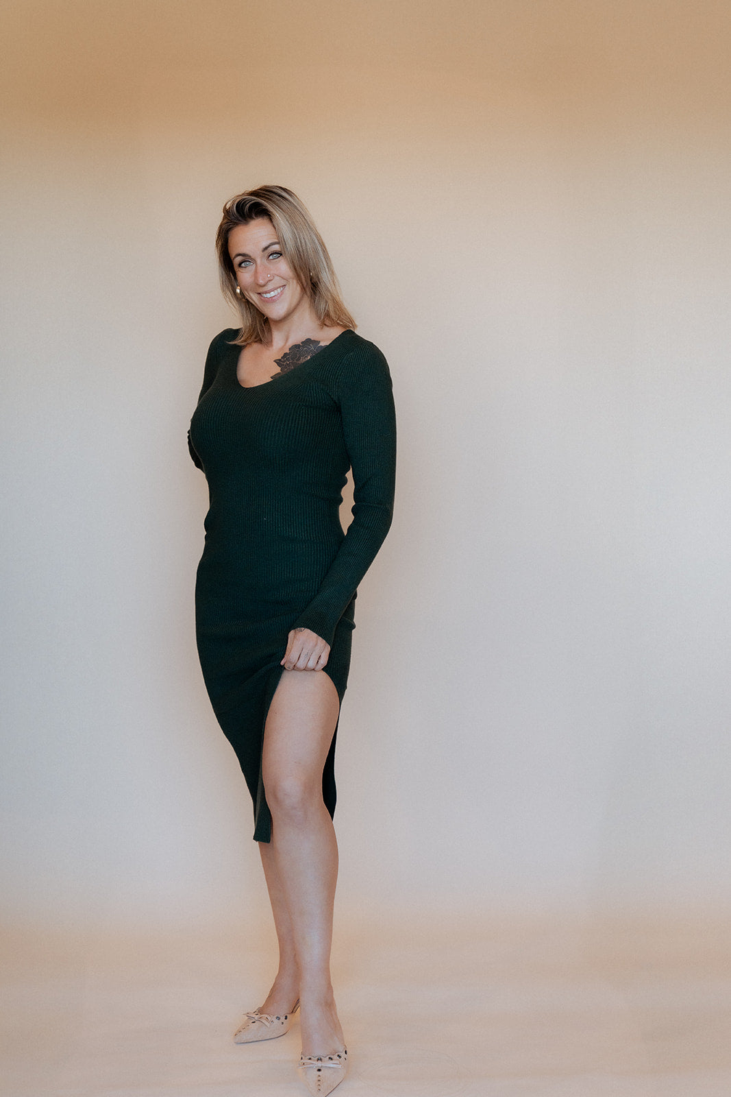 V Neck Slit Midi Sweater Dress