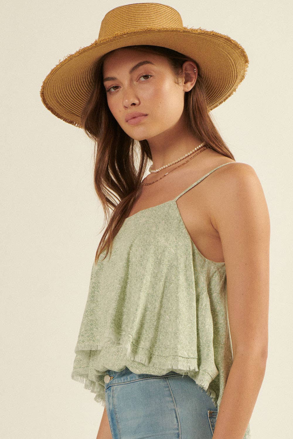 Straight Neck Frayed Ruffle Bodysuit