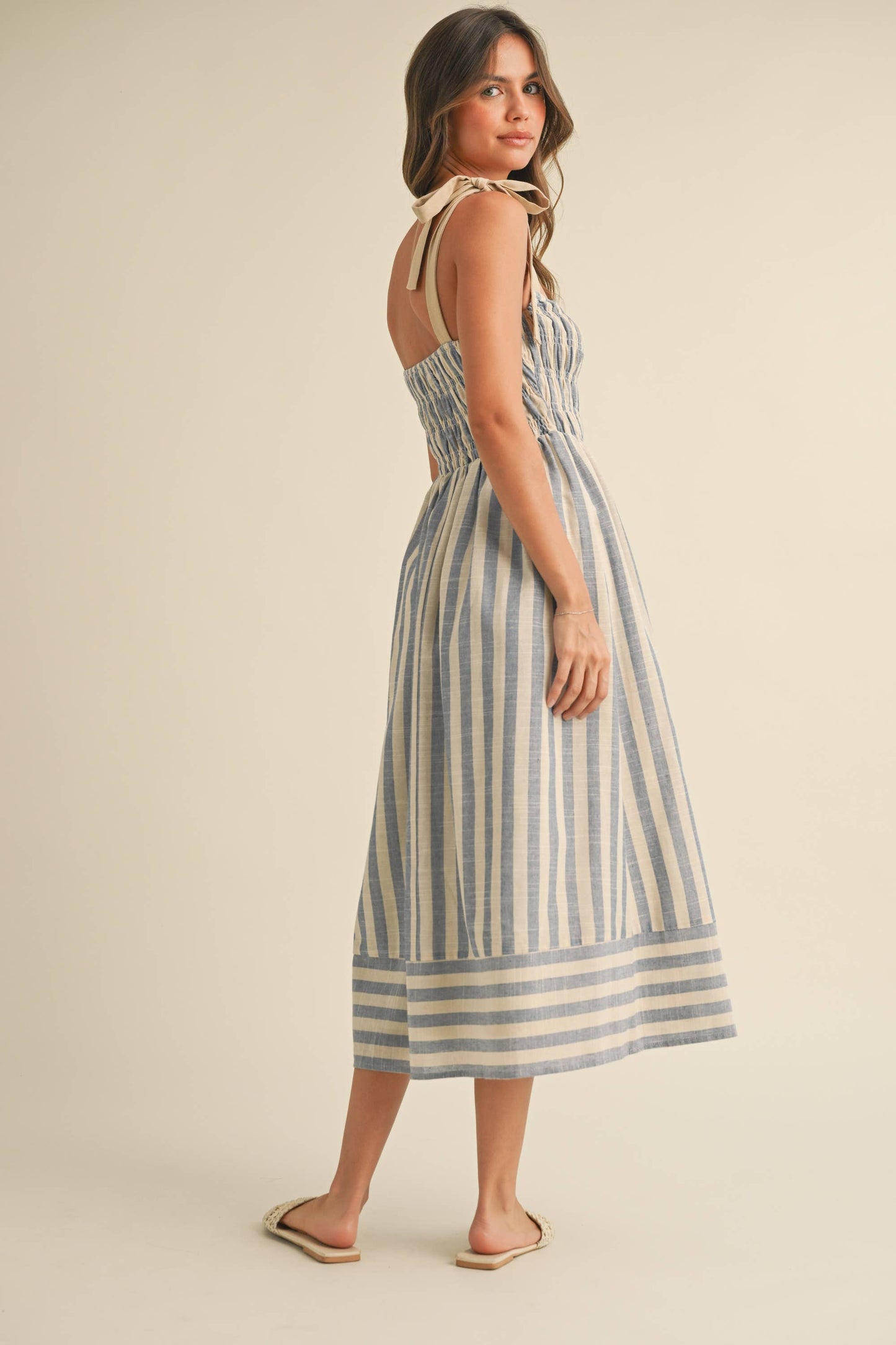 The Monica Striped Smocked Tie Strap Midi
