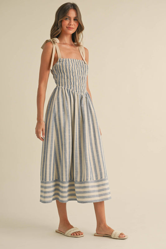 The Monica Striped Smocked Tie Strap Midi