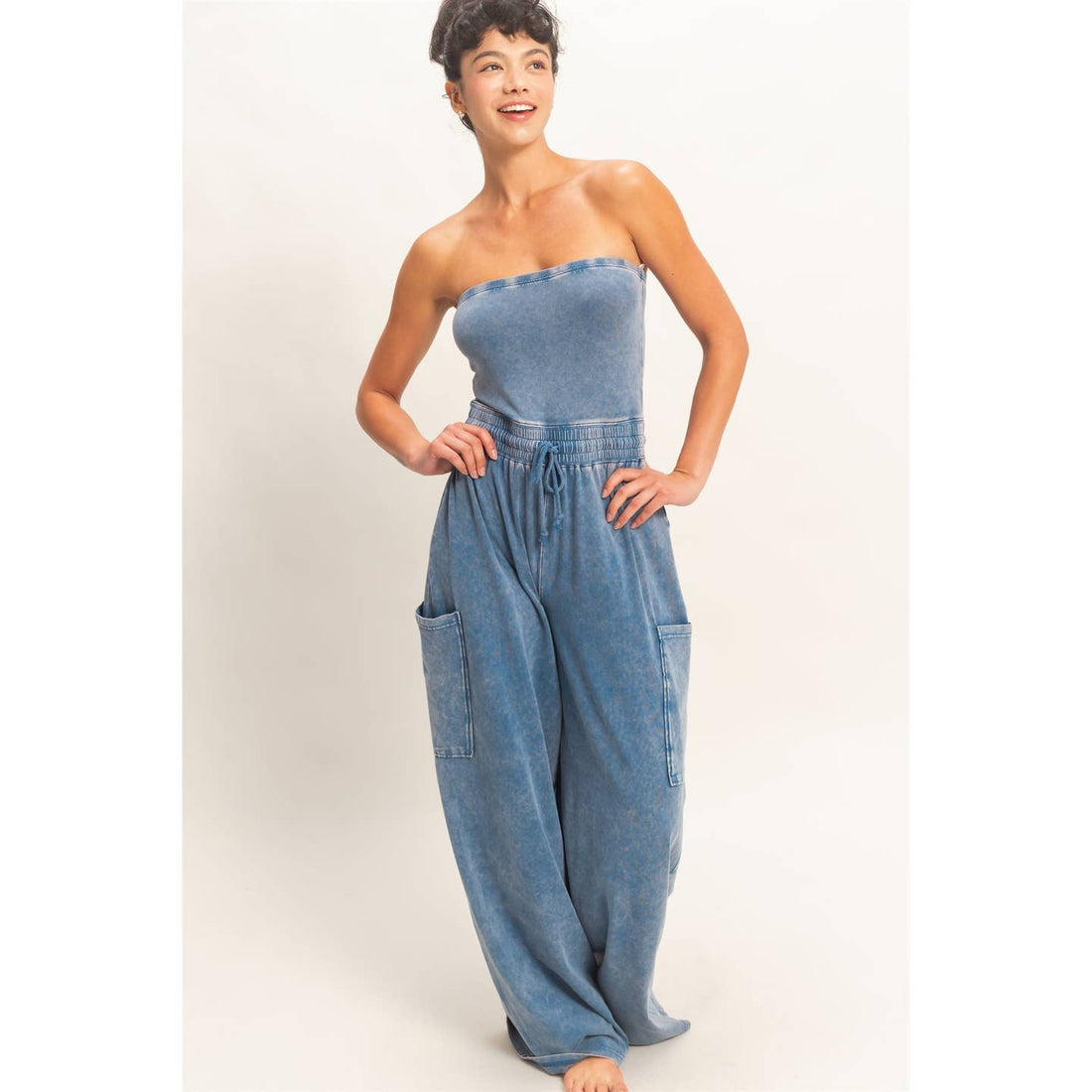 Mineral Wash Strapless Wide-Leg Jumpsuit