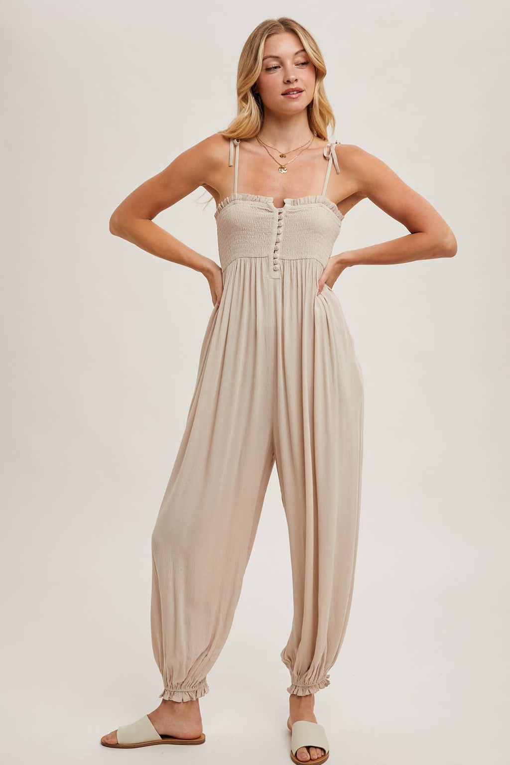 Gauze Smocked Front Button Jumpsuit
