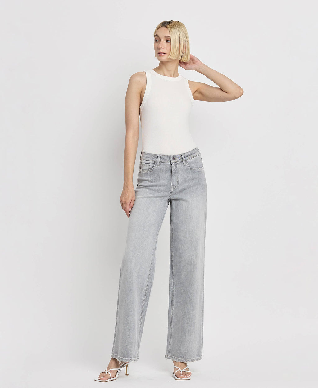 HIGH RISE LIGHT GREY WIDE LEG JEANS