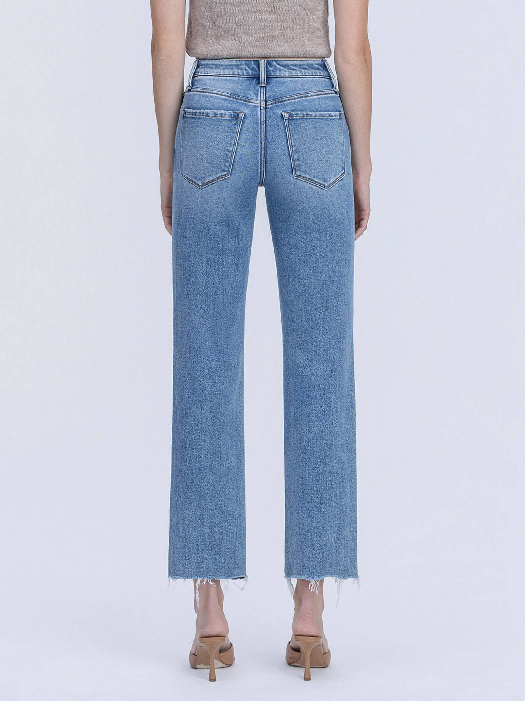 HIGH RISE DISTRESSED DETAIL ANKLE STRAIGHT JEANS