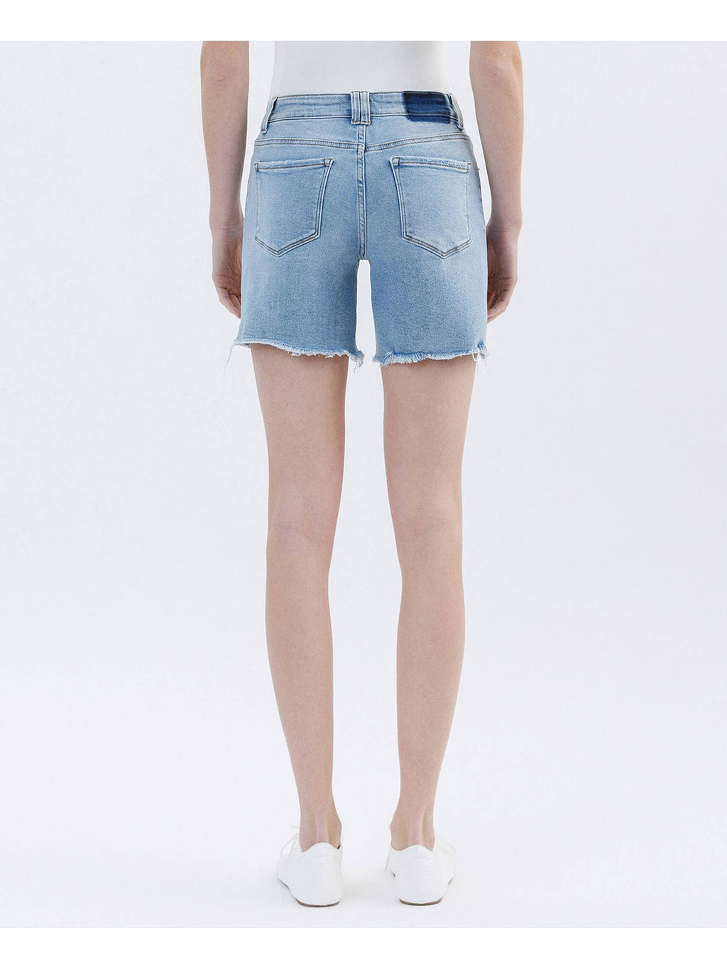 High Rise Raw Hem Midi Shorts