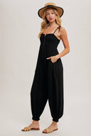 Gauze Smocked Front Button Jumpsuit