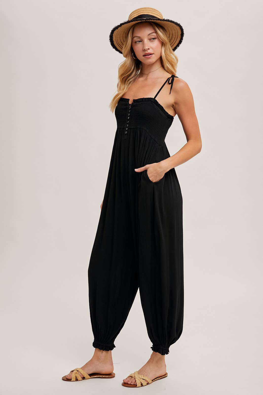 Gauze Smocked Front Button Jumpsuit