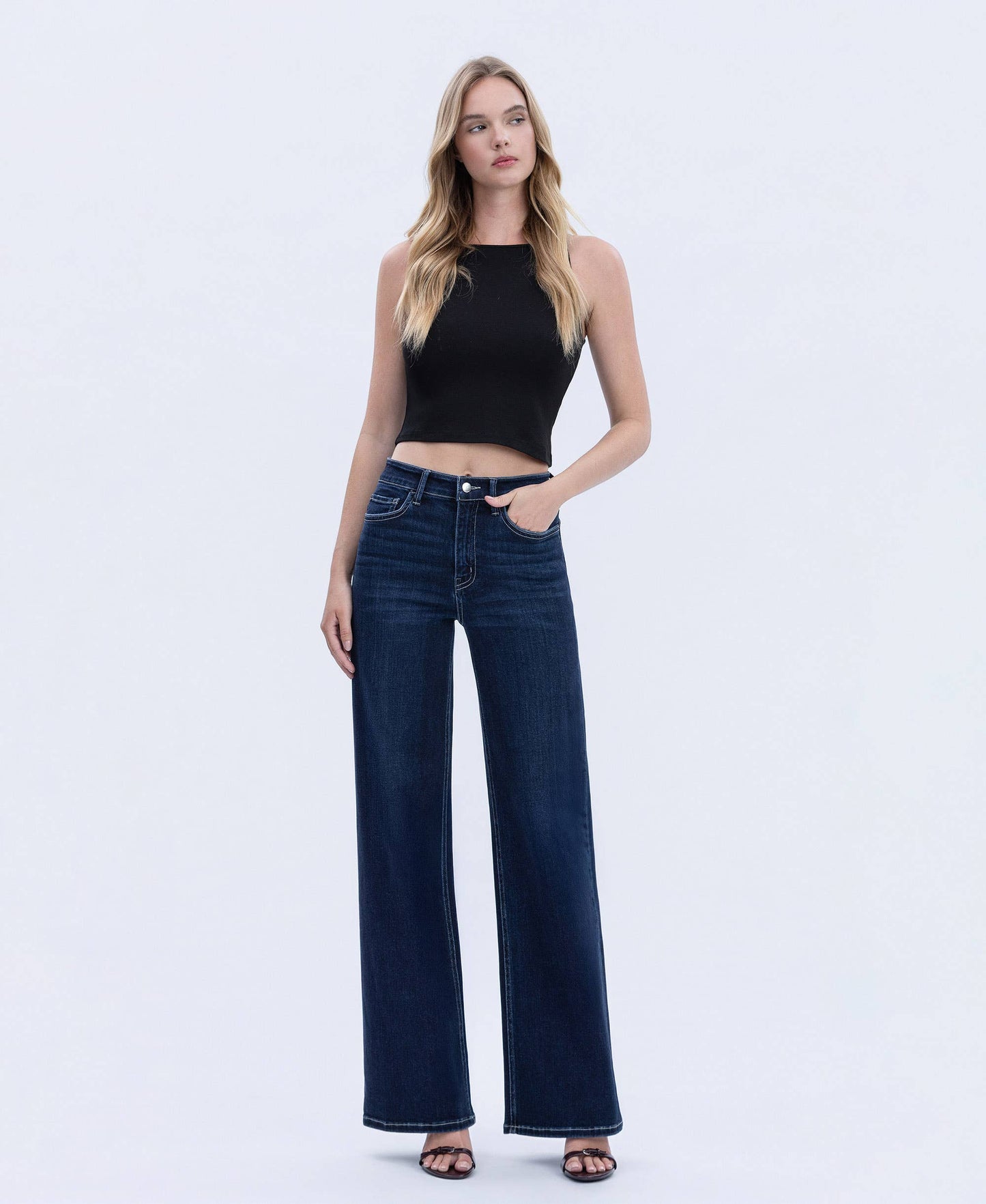 High Rise Dark Full Length Wide Jeans