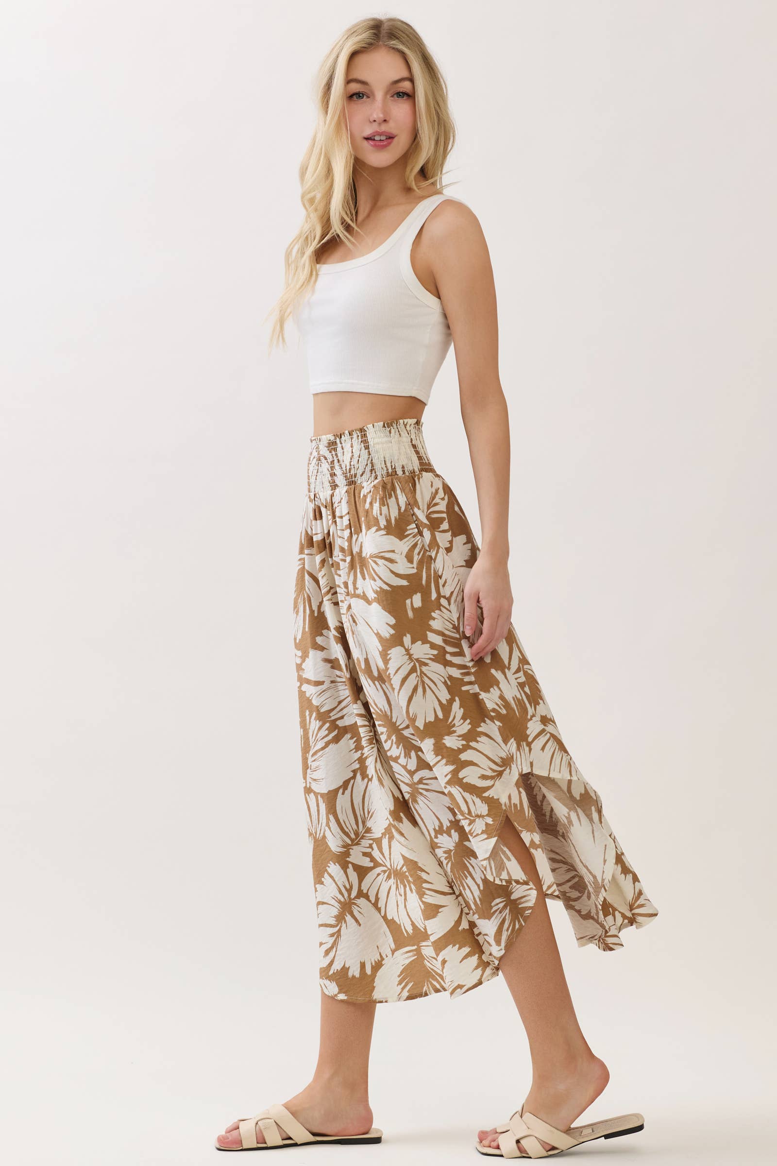 Tropical Smocked Waist Flowy Skirt