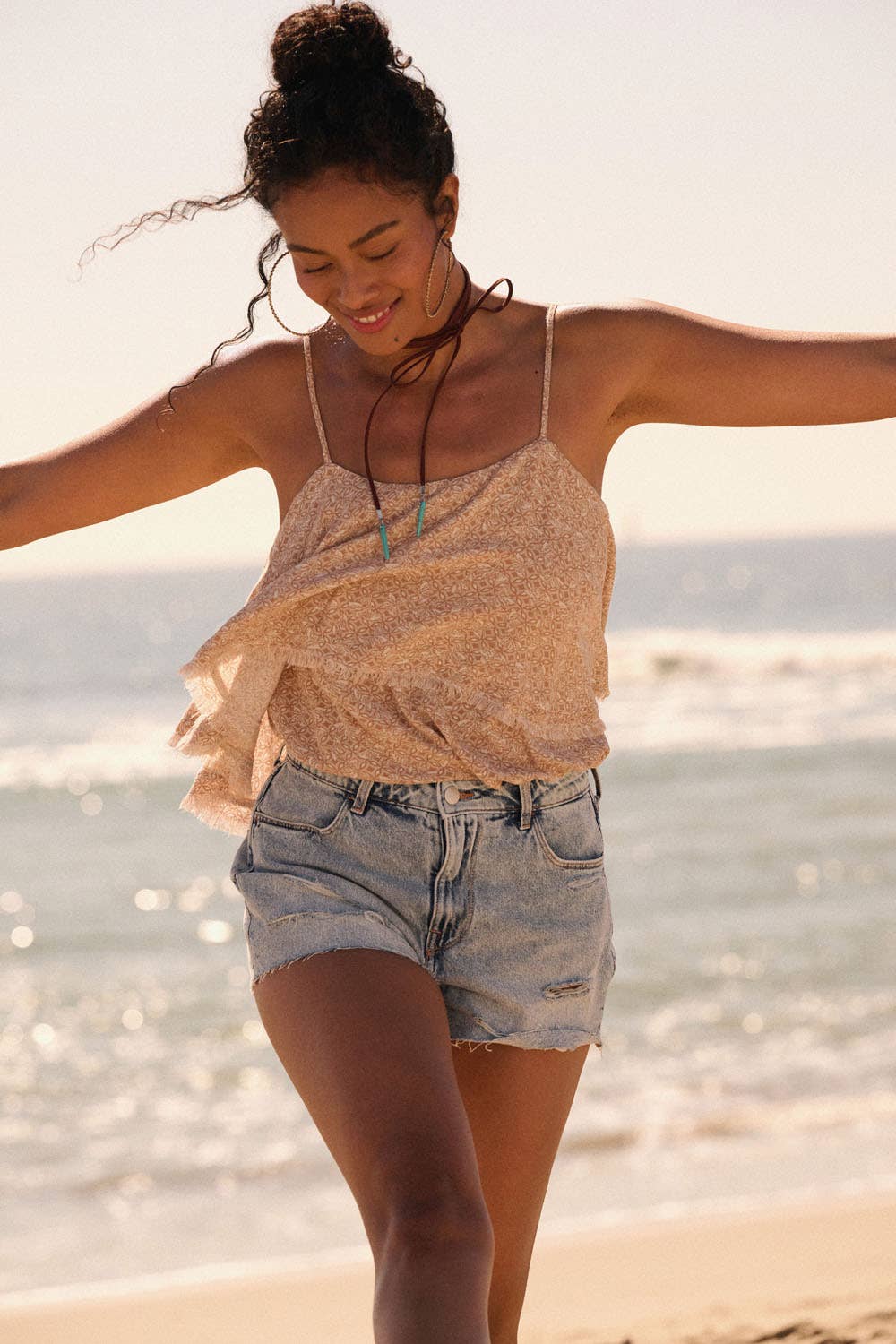 Straight Neck Frayed Ruffle Bodysuit