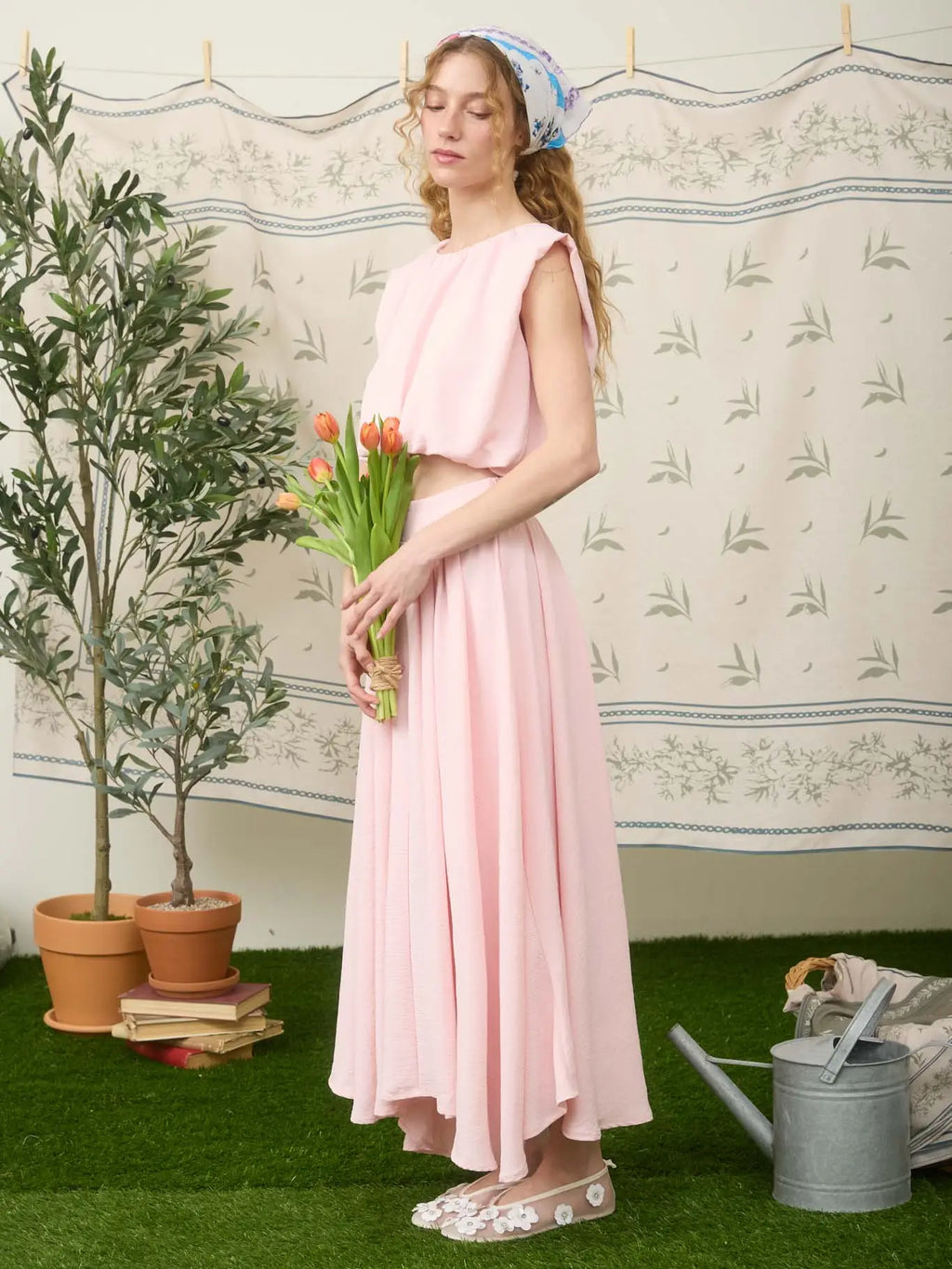 Ballon crop Pleated Midi Skirt Set