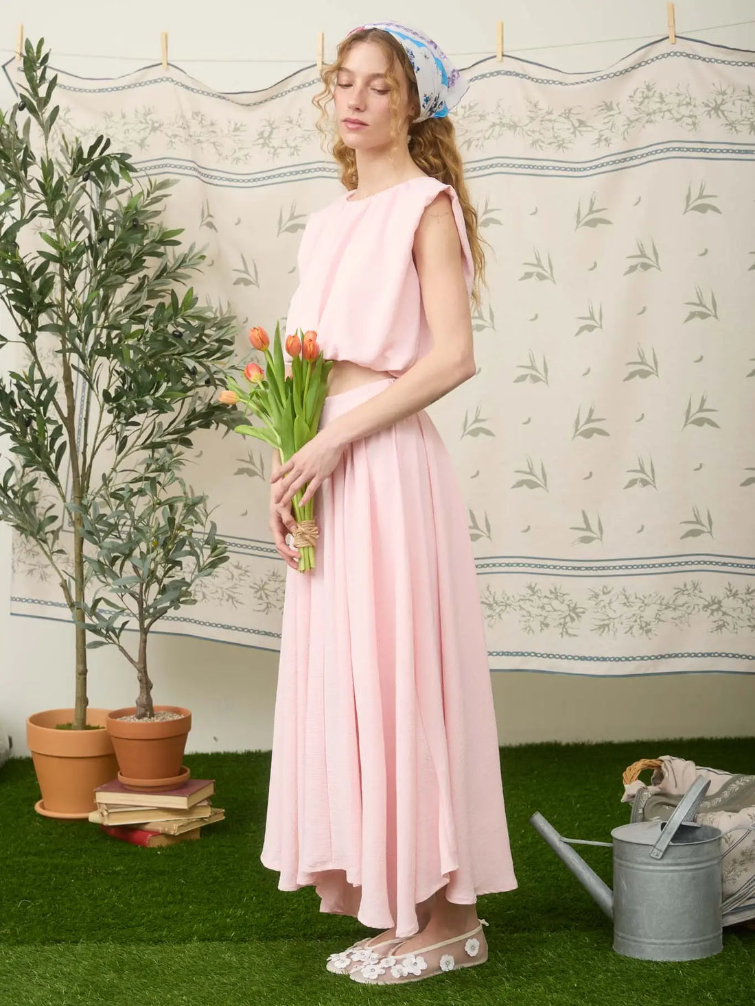 Ballon crop Pleated Midi Skirt Set