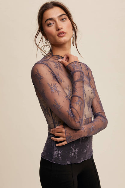 Sheer Lace Long-Sleeve Top