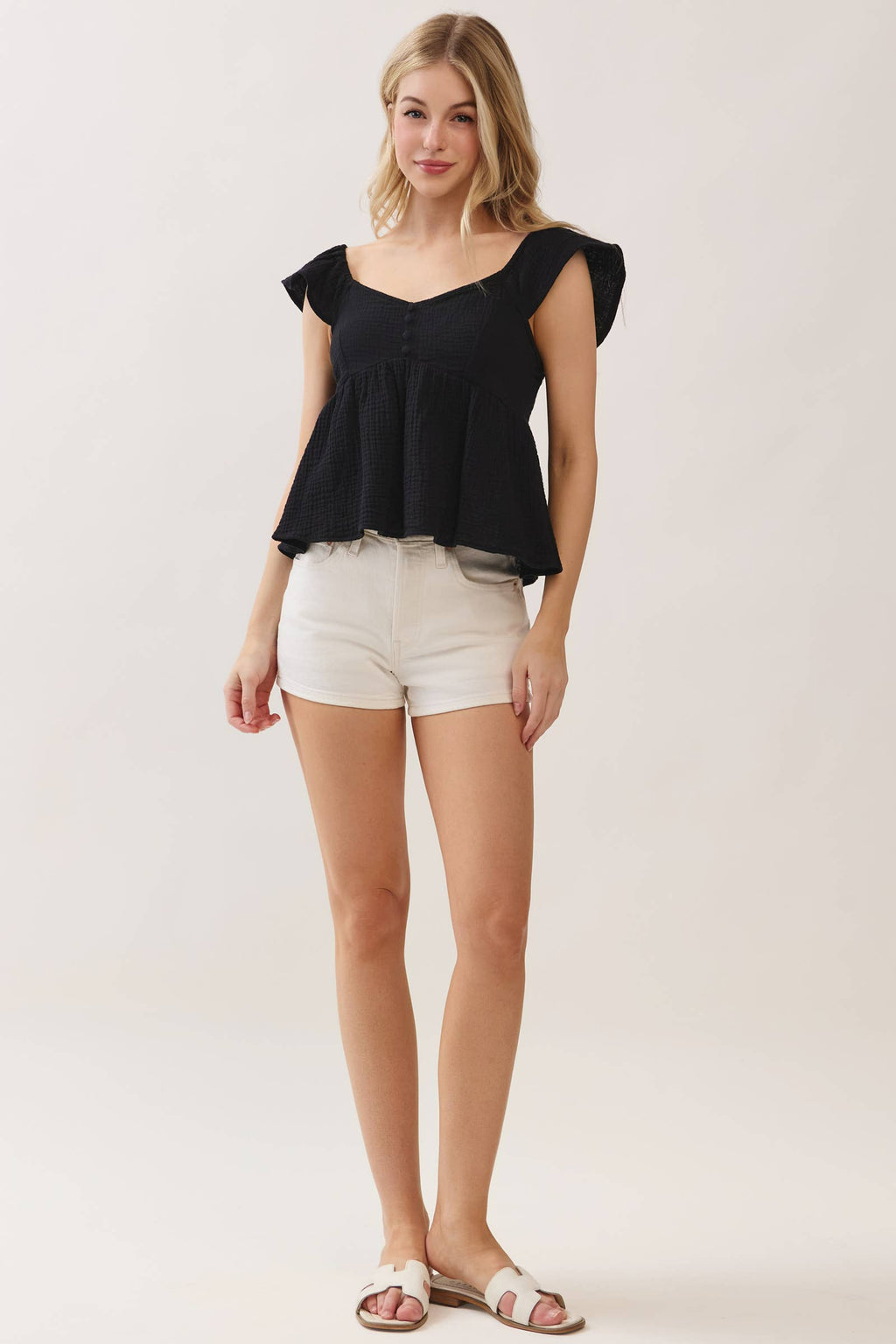 Double Gauze Sleeve Ruffled Babydoll Top
