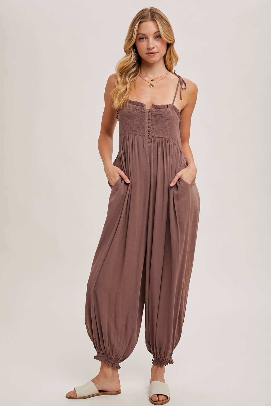 Gauze Smocked Front Button Jumpsuit