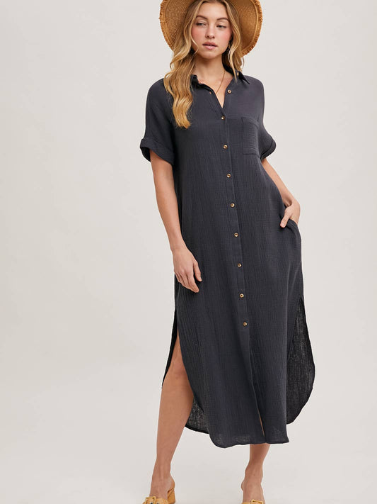 Button Up Maxi Shirt Dress with Pocket