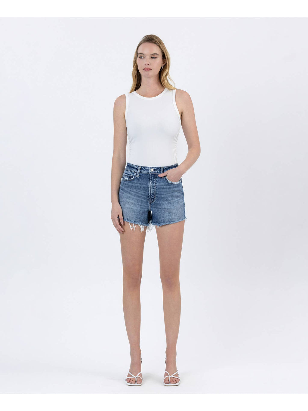 High Rise Frayed Hem Denim Shorts
