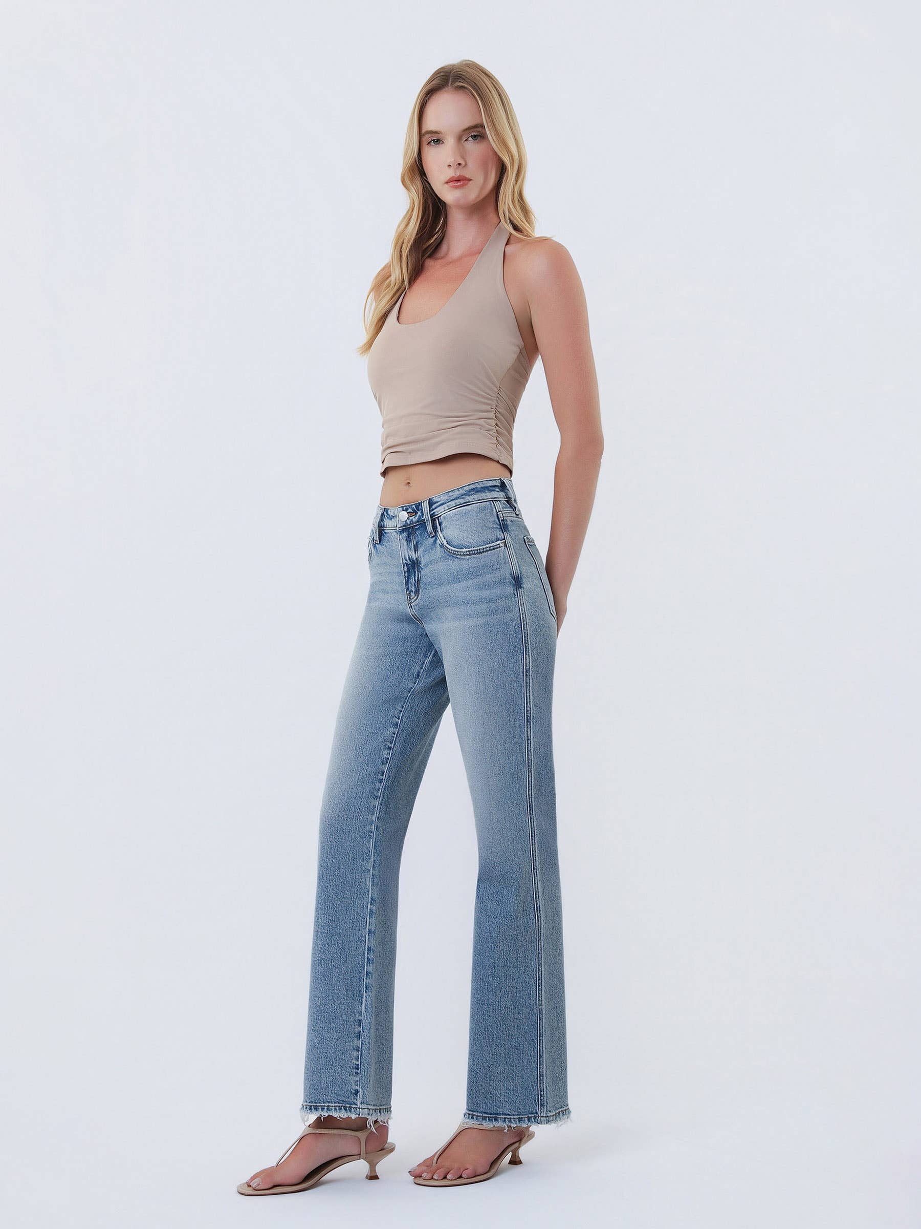 Mid Rise Medium Wash Slim Wide Jeans