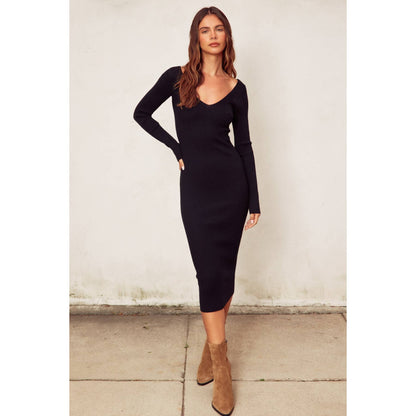 V Neck Slit Midi Sweater Dress