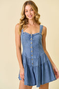Denim Wide Strap Tiered Flare Romper