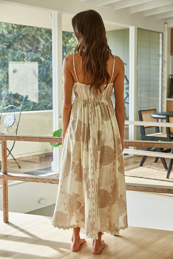 Woven Cotton Shell Print Midi Dress