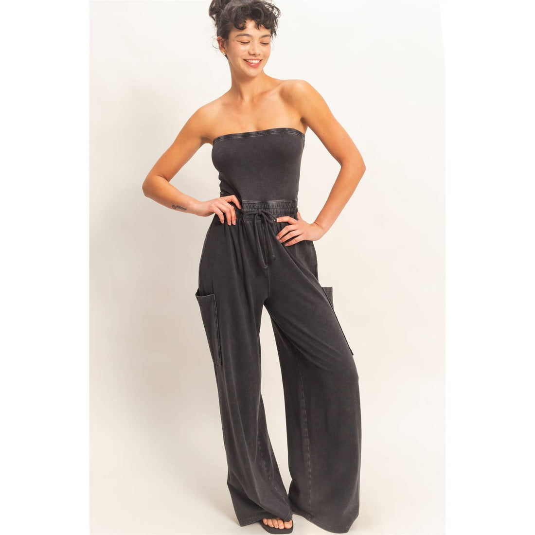 Mineral Wash Strapless Wide-Leg Jumpsuit