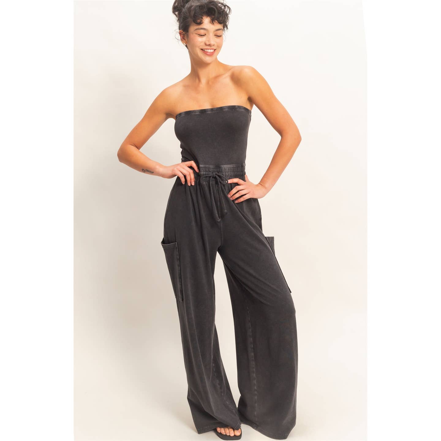 Mineral Wash Strapless Wide-Leg Jumpsuit