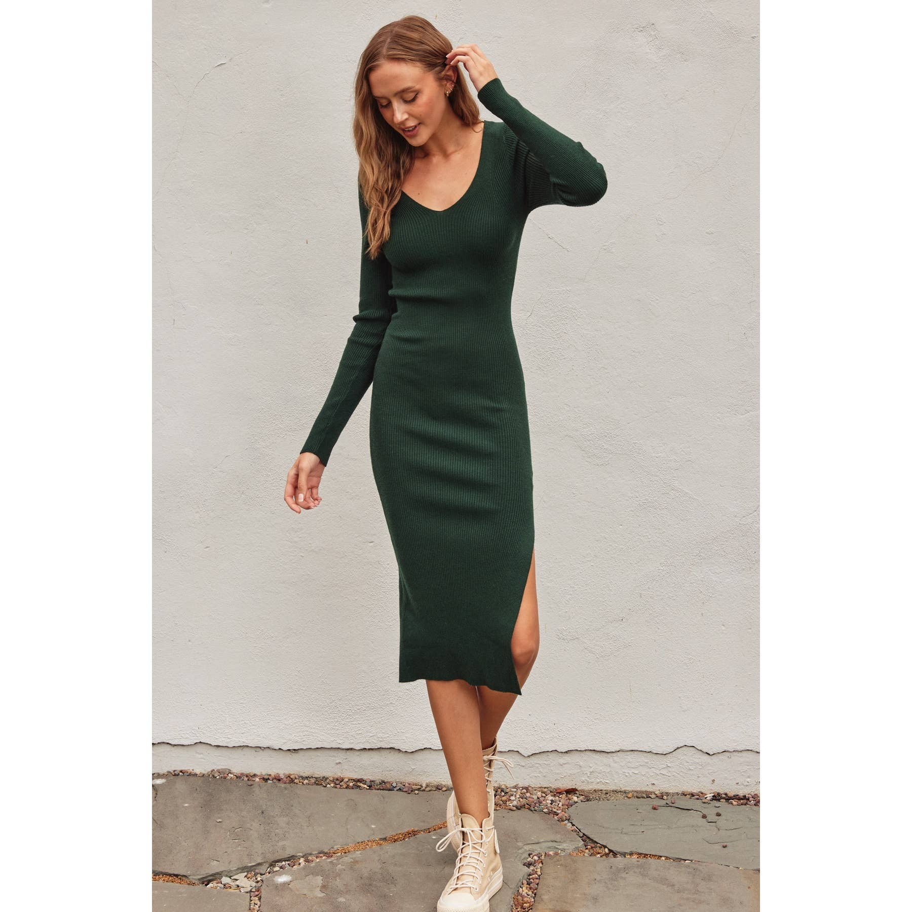 V Neck Slit Midi Sweater Dress