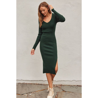 V Neck Slit Midi Sweater Dress