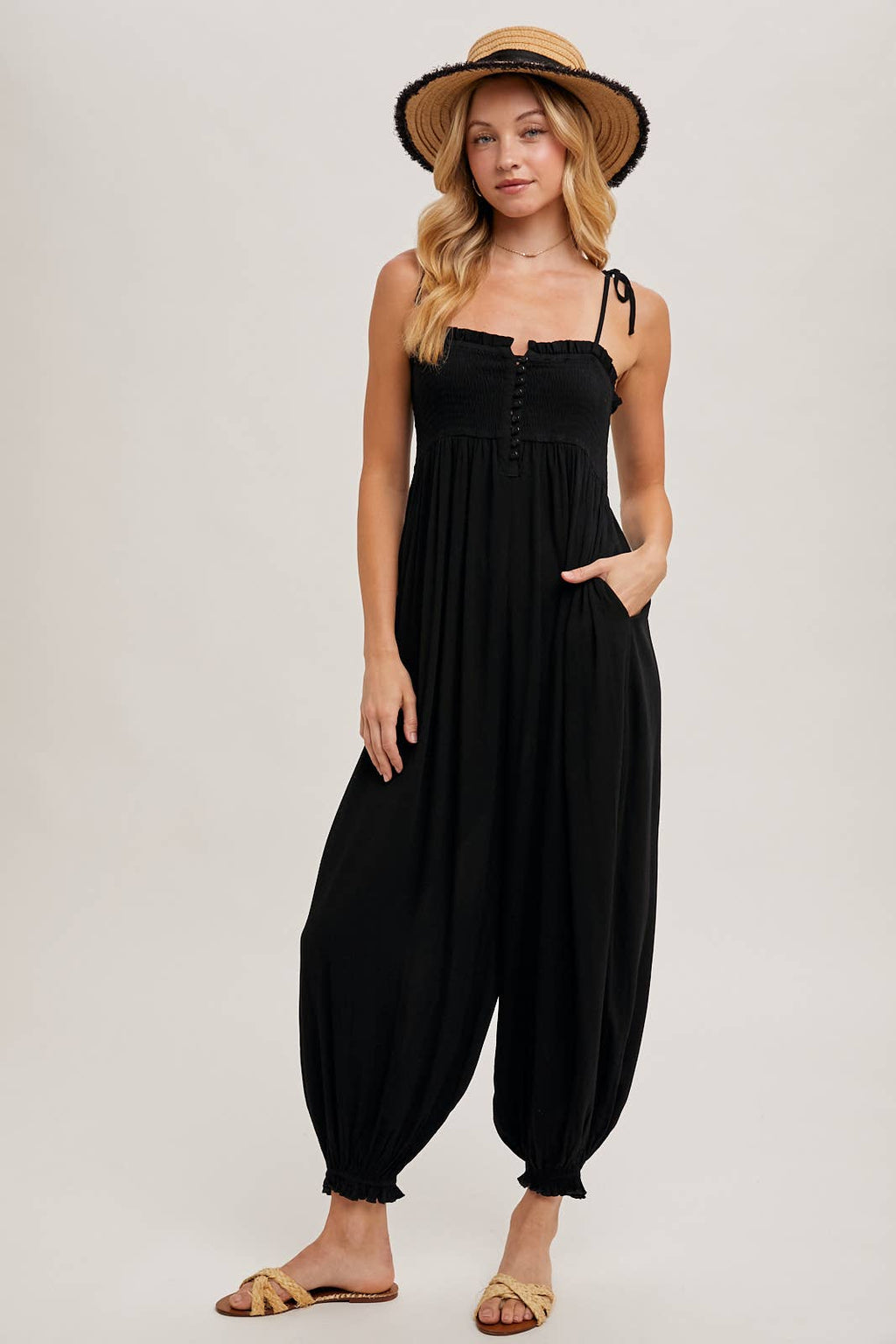 Gauze Smocked Front Button Jumpsuit