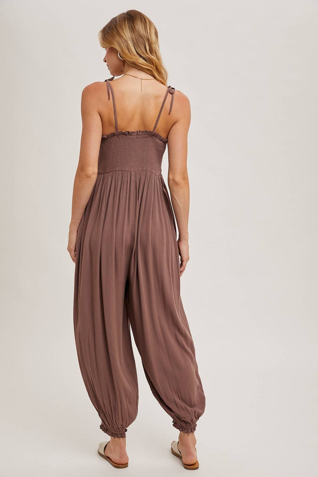 Gauze Smocked Front Button Jumpsuit