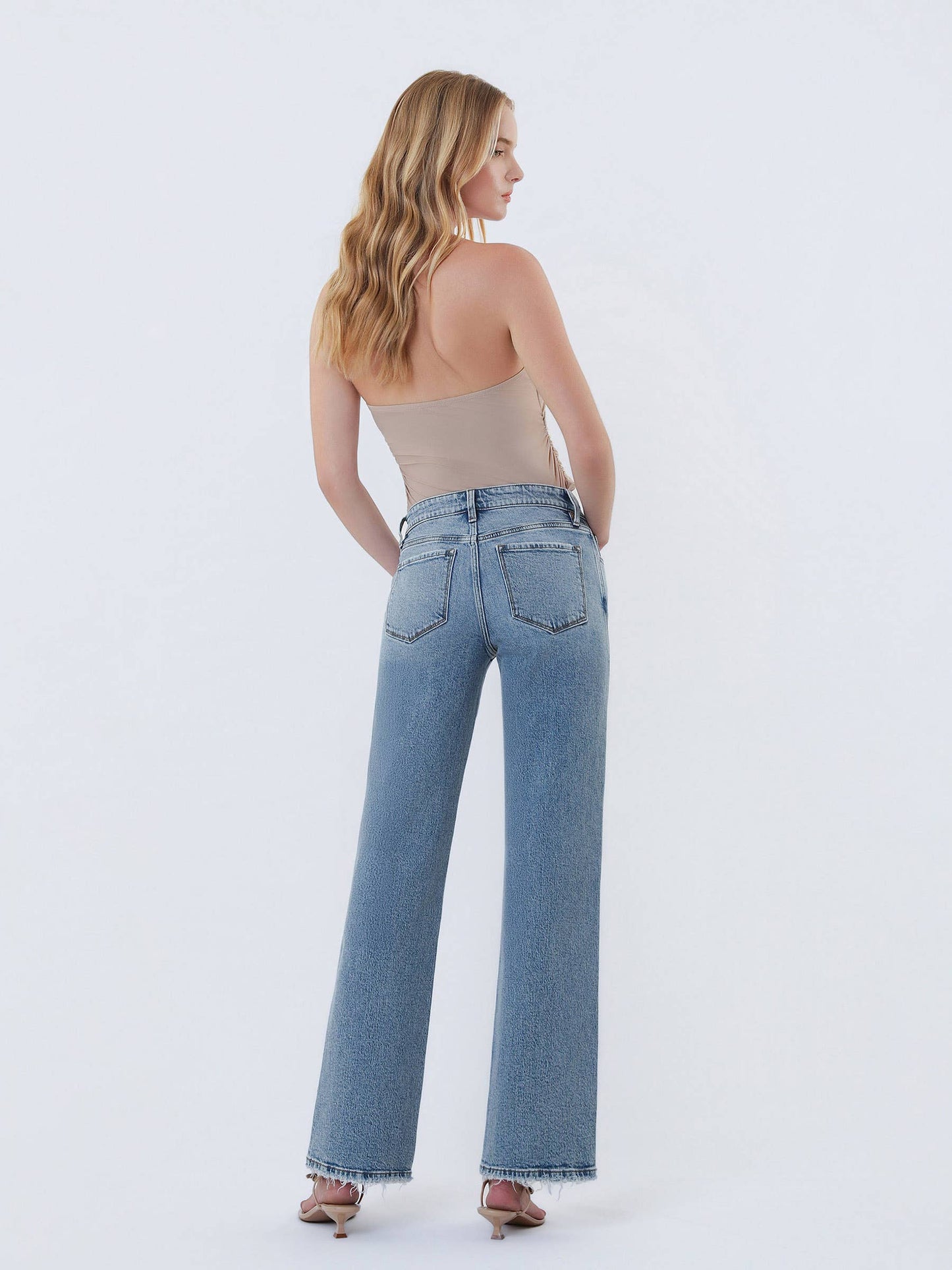 Mid Rise Medium Wash Slim Wide Jeans