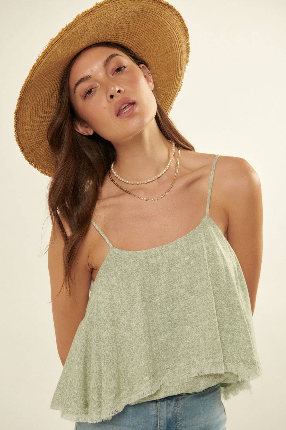 Straight Neck Frayed Ruffle Bodysuit