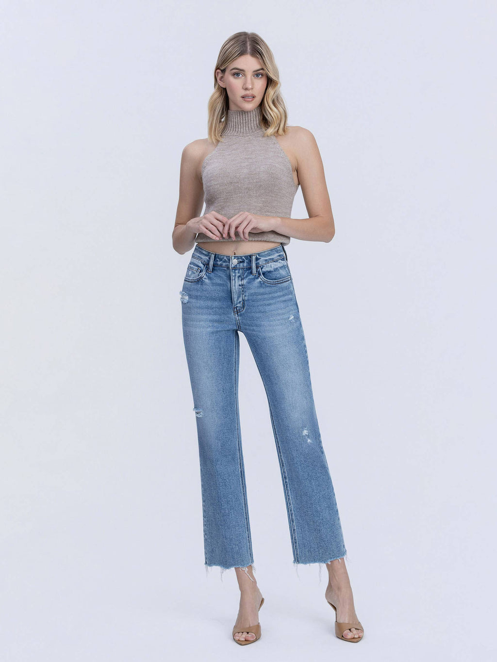 HIGH RISE DISTRESSED DETAIL ANKLE STRAIGHT JEANS