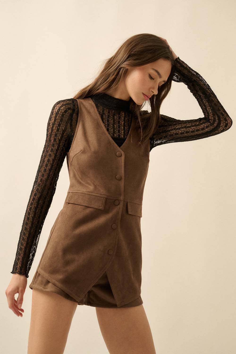 Suede Sleeveless Front Vest Romper