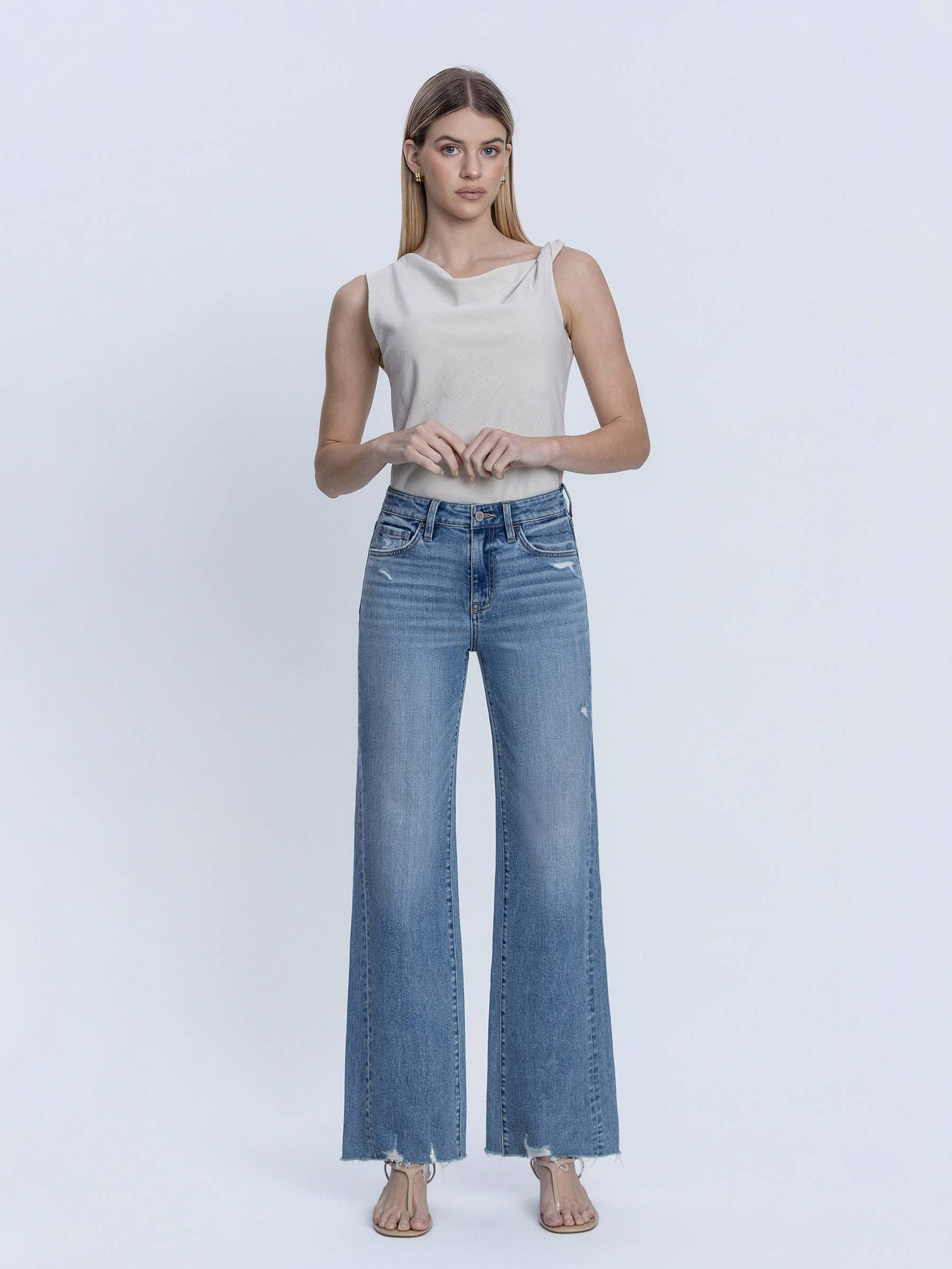 HIGH RISE SLANT SIDE SEAM VINTAGE FLARE JEANS