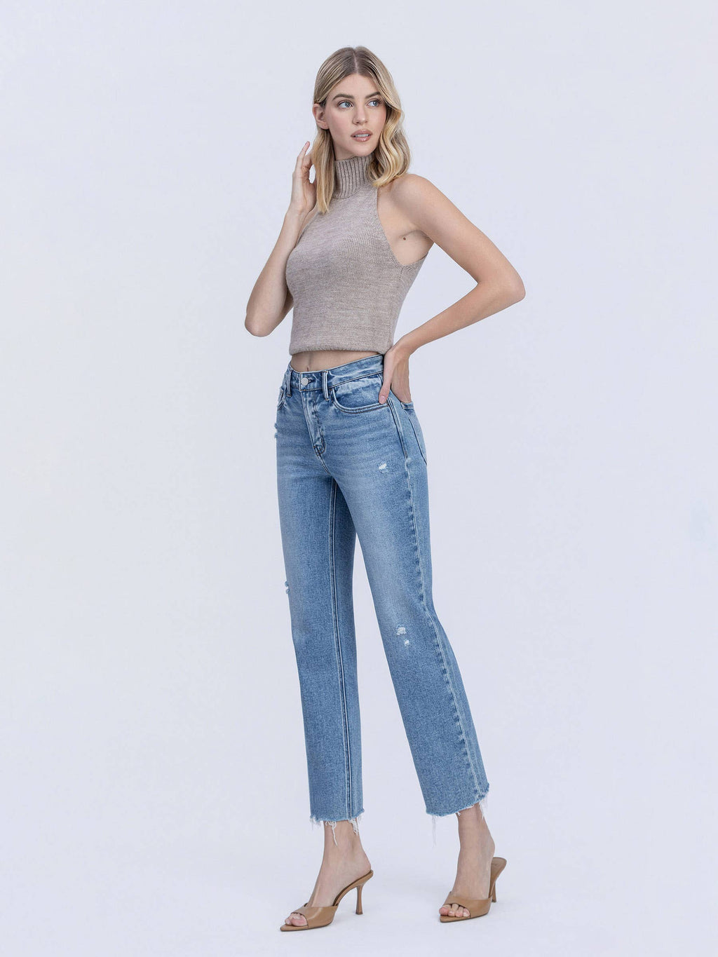 HIGH RISE DISTRESSED DETAIL ANKLE STRAIGHT JEANS