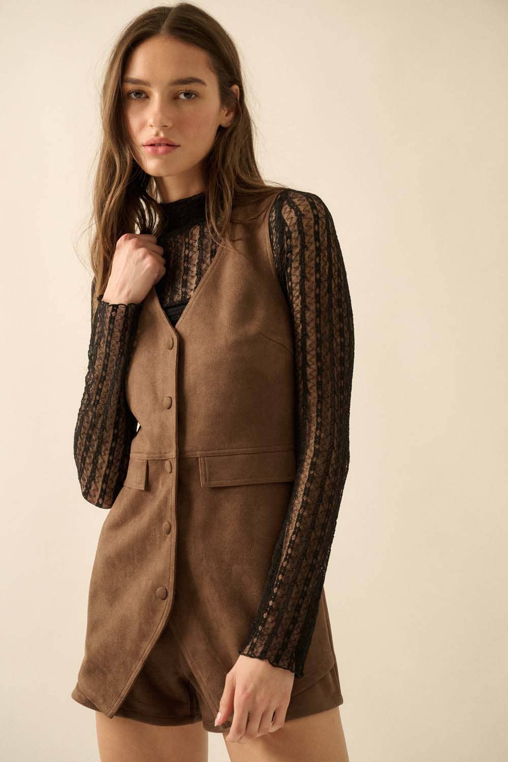 Suede Sleeveless Front Vest Romper