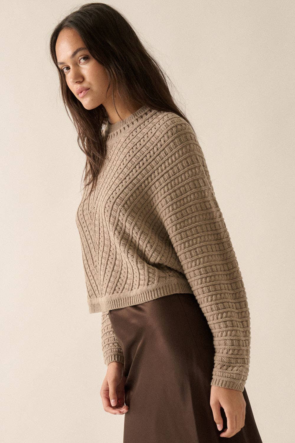 Solid Cable Knit Dolman-Sleeve Sweater