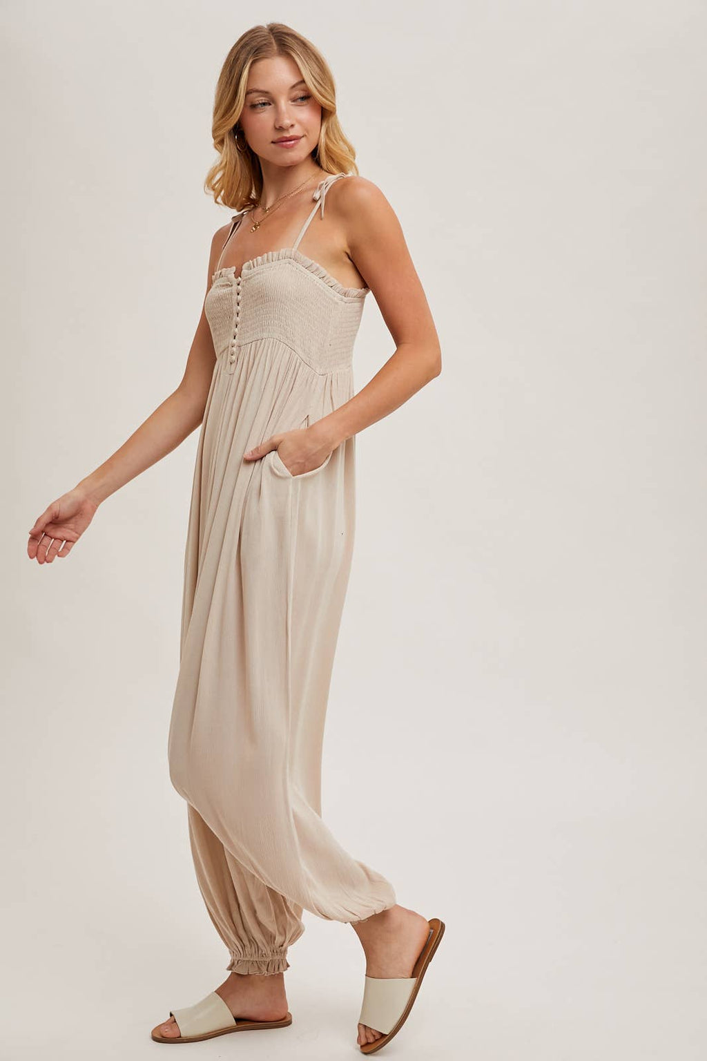 Gauze Smocked Front Button Jumpsuit