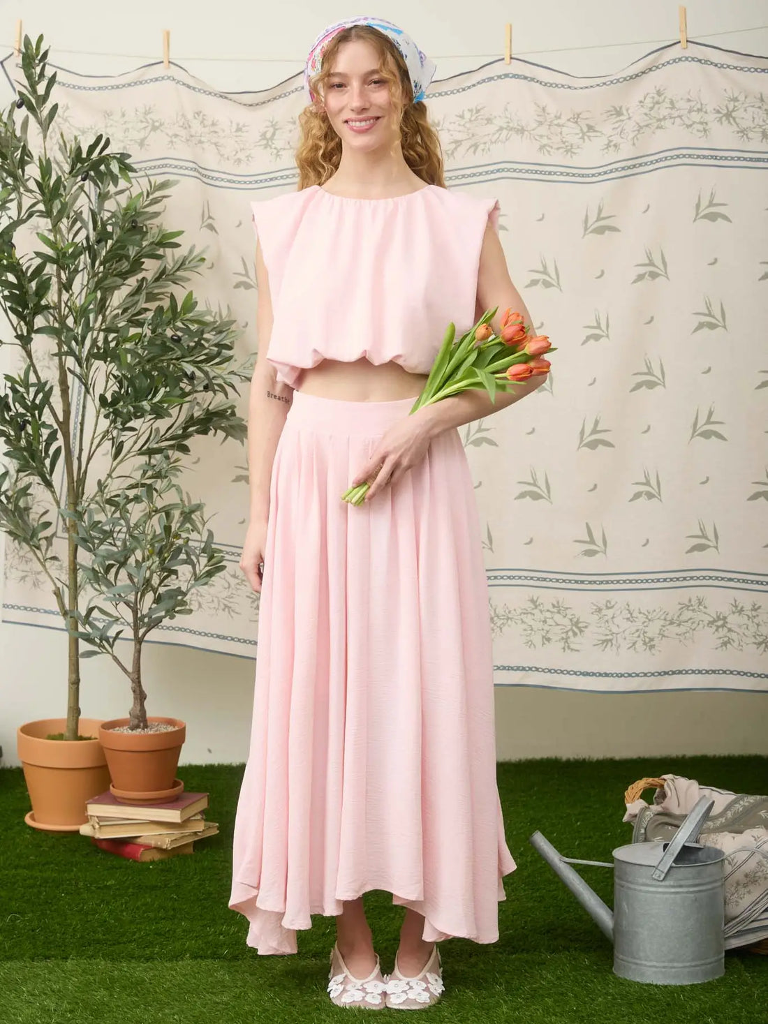 Ballon crop Pleated Midi Skirt Set