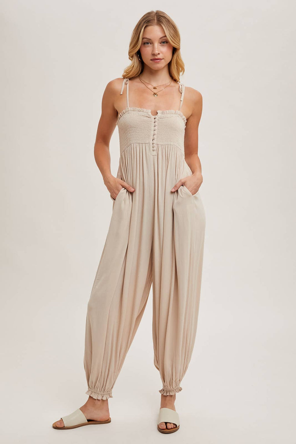 Gauze Smocked Front Button Jumpsuit